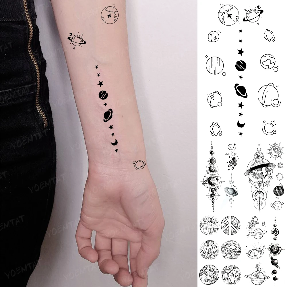 Water Transfer Temporary Tattoo Sticker Starry Sky Earth Line Flash Tatto Boy Girl Child Arm Small Size Black Fake Tatoo Men Kid