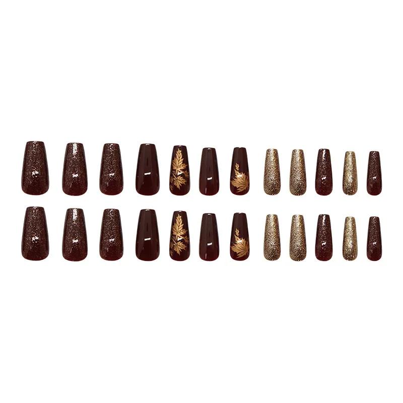 24pcs Elegant Burgundy Glitter Golden Maple Leaf Nail Art, Autumn Winter Press-On Nails for Women, Trendy Seasonal Fake Nails
