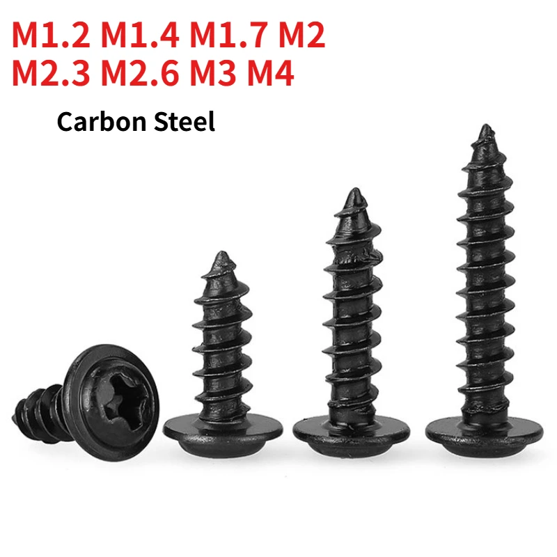 M1.2 M1.4 M1.7M2M2.3M2.6M3M4 Black Phillips Pan Head Self Tapping Screw with Integral Washer PWA Round Head Self-tapping Screws