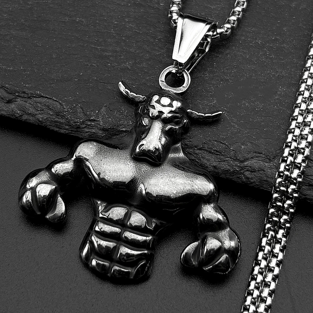 Hip Hop Bull Head Muscle Pendant Necklace for Men Stainless Steel Gold Color Fitness Power Neck Chain Punk Party Jewelry Gift