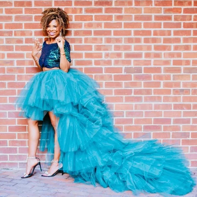 

Blue Puffy Women Mesh Skirts High Low Tulle Prom Party Skirt With Long Train Fluffy Mesh Summer Skirts For Brithday Party