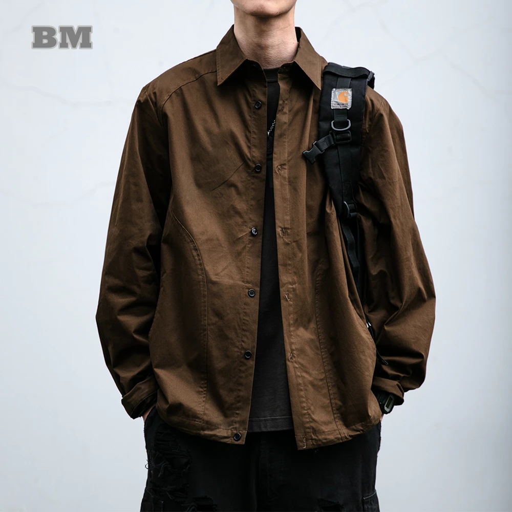 

Mens Japanese Style Work Shirt Premium Vintage Spring Fall Turn-Down Collar Long Sleeve Casual Coat Streetwear Fashion Tops