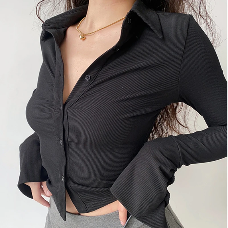 Blouses Polo Lapel Single-Breasted Flared Collar Solid Sleeve Shirt Five-Color Women\'s Slim Long-Sleeve Women\'s Autumn Clothing