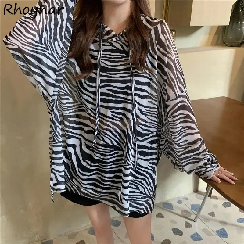 

Women Blouse Chiffon Thin Hooded Design Long-sleeved Zebra-striped Summer Tops Sun-proof Streetwear Vintage All-match Trendy