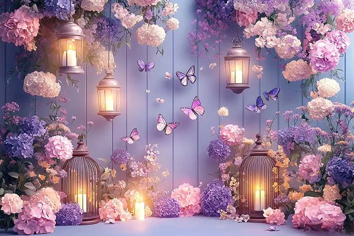 Photography Background Spring Floral Balloon Purple Butterfly Decor Cake Smash Baby Shower Kids Portrait Backdrop Photo Studio