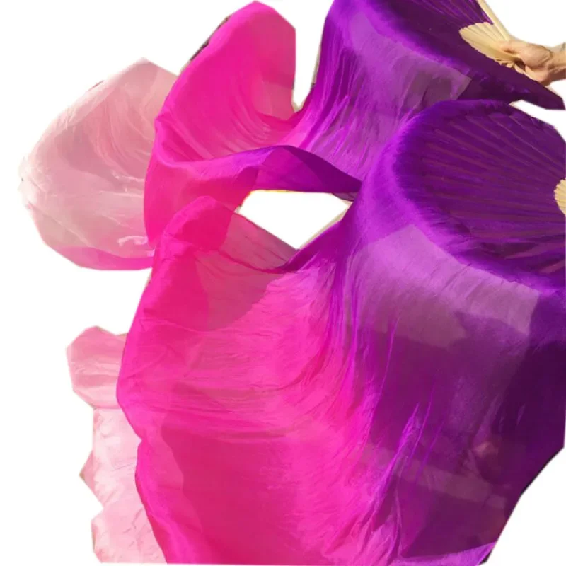 Children Adults  Hand Made Real Silk Veils Bamboo Flame Belly Dance Long Folding Fan Veil Art Colorful Purple Pink 120cm 180cm