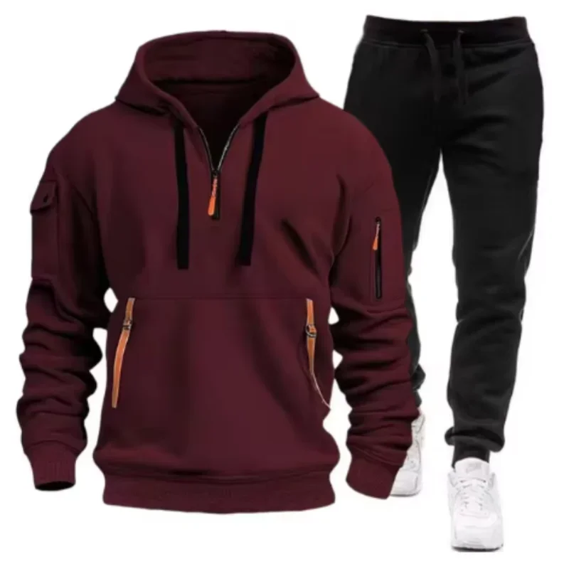 2024 Otoño/Invierno nueva moda para hombres Casual Multi bolsillo cremallera deportes Sudadera con capucha conjunto Color sólido cómodo conjunto de dos piezas