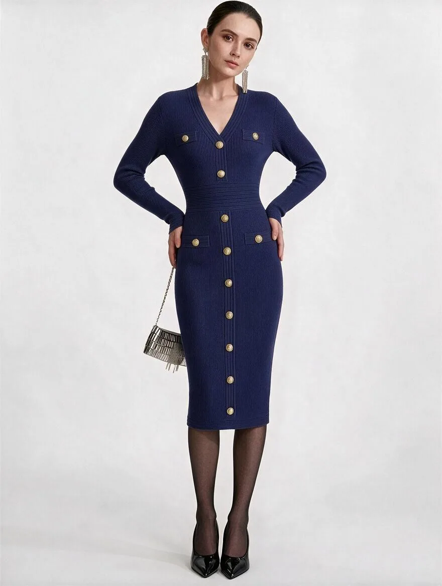 New Arrivals Midi Knitted Dresses for Women 2026 Autumn Fashion Long Sleeves VNeck Basics Slim Fit Sheath Bodycon Dress Red