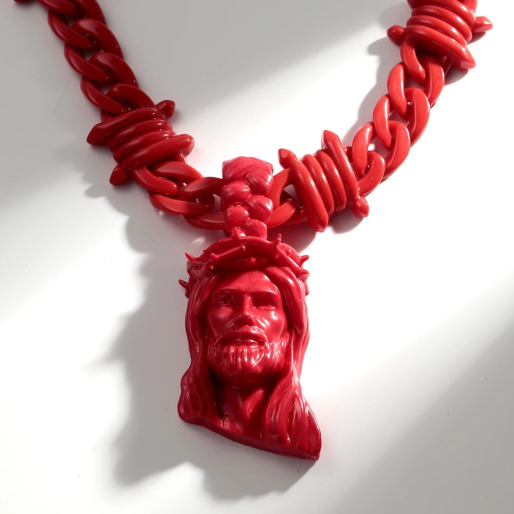 Trendy Red Acrylic Jesus Pendant Brambles Chain Necklaces for Men Punk Barbed Thorns Choker Necklace Men's Jewelry