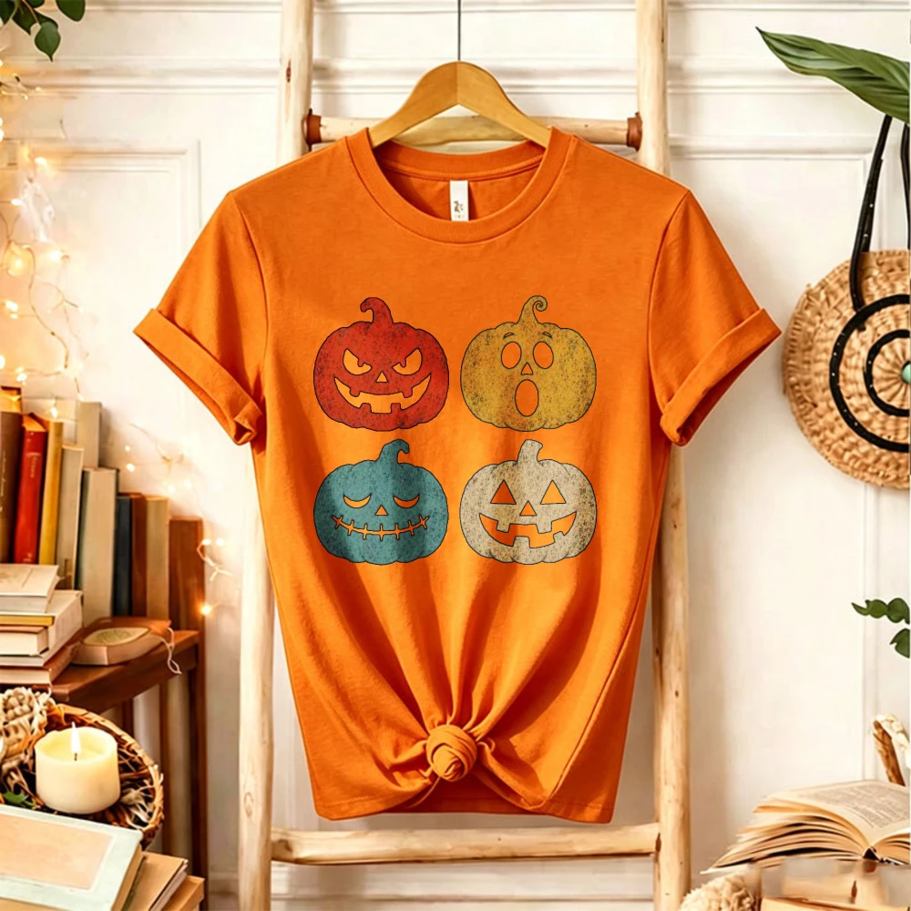 Vintage Multi‑Color Jack O Lantern Halloween Graphic T‑Shirt Four Pumpkin Faces Spooky Fall Autumn Holiday Art Party Casual Tops