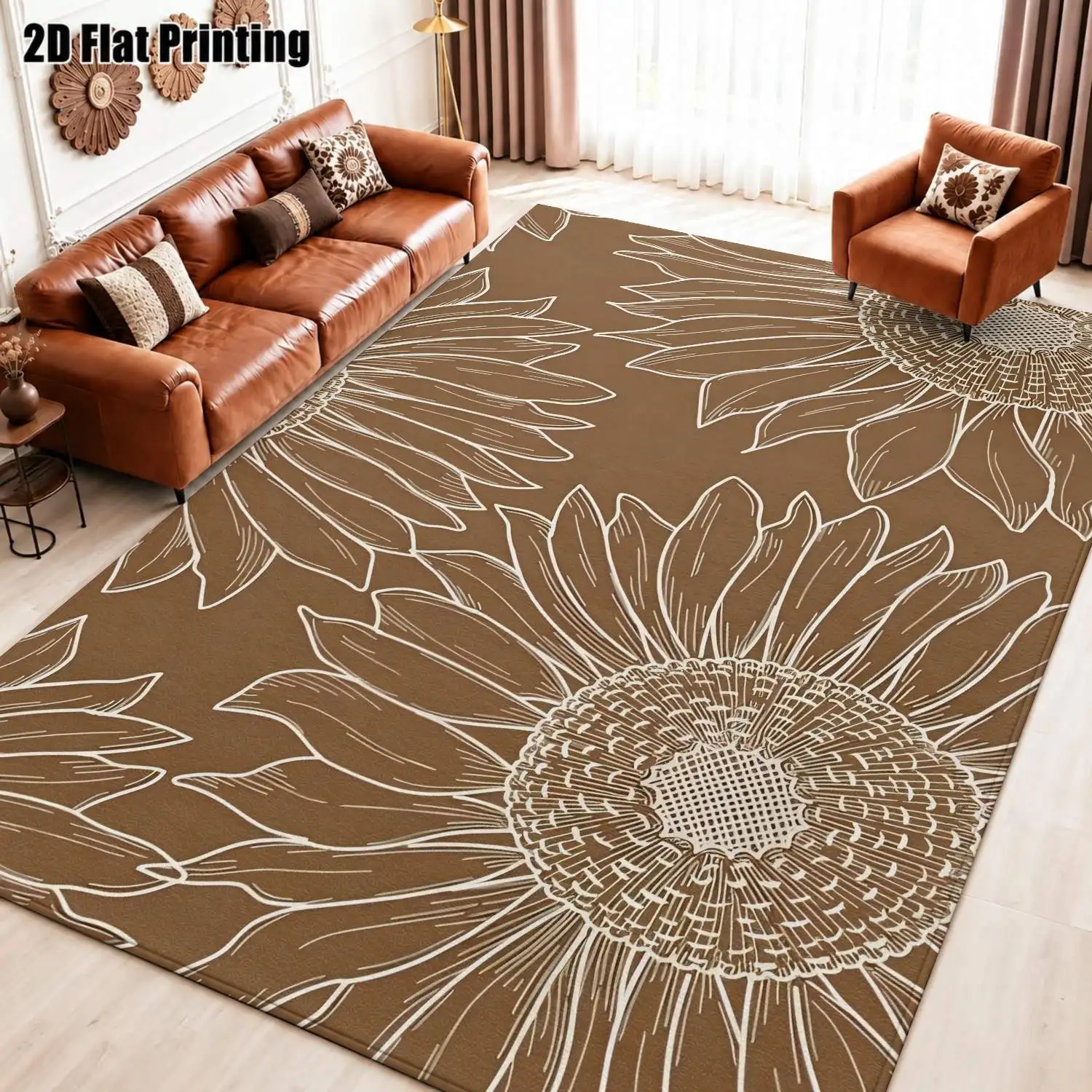 1Pc 2D Printed Brown Sunflower Nordic/Instagram Style Carpet, Machine Washable, Multi-Size, Ideal for Home Decor, Entryway, Dining Room, Bedroom, Living Room