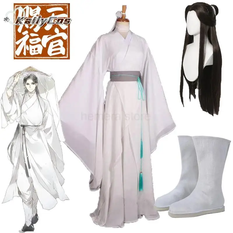 Xie Lian Cosplay Traje para Homens e Mulheres, Anime, Tian Guan Ci Fu, Trajes Xielian, Perucas Top, Halloween Prop, Roupas Han Fu Brancas