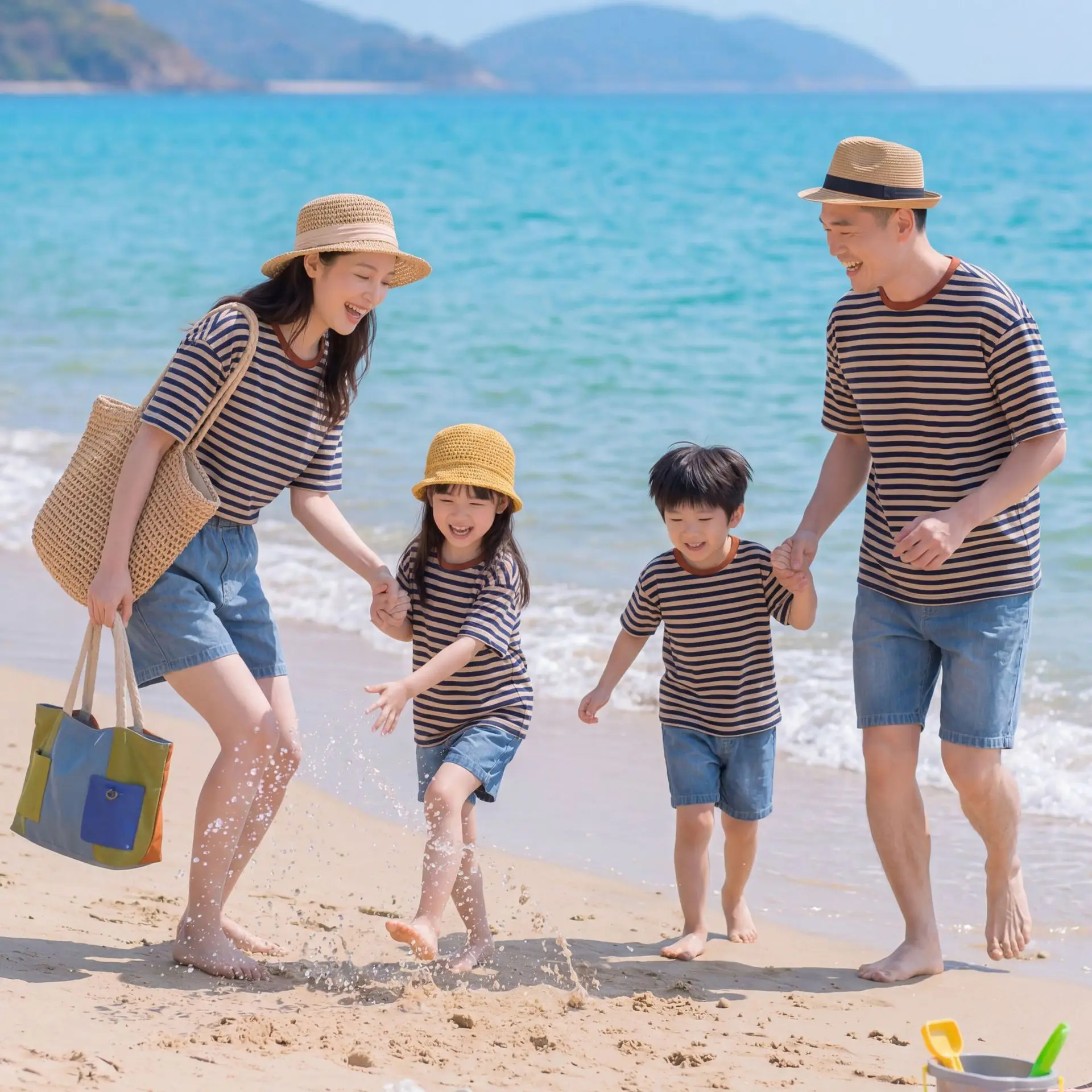 2026 Summer Striped Family Matching Outfits 3P Mom Dad Kids Casual T-shirt & Denim Shorts Set Beach Vacation Clothes