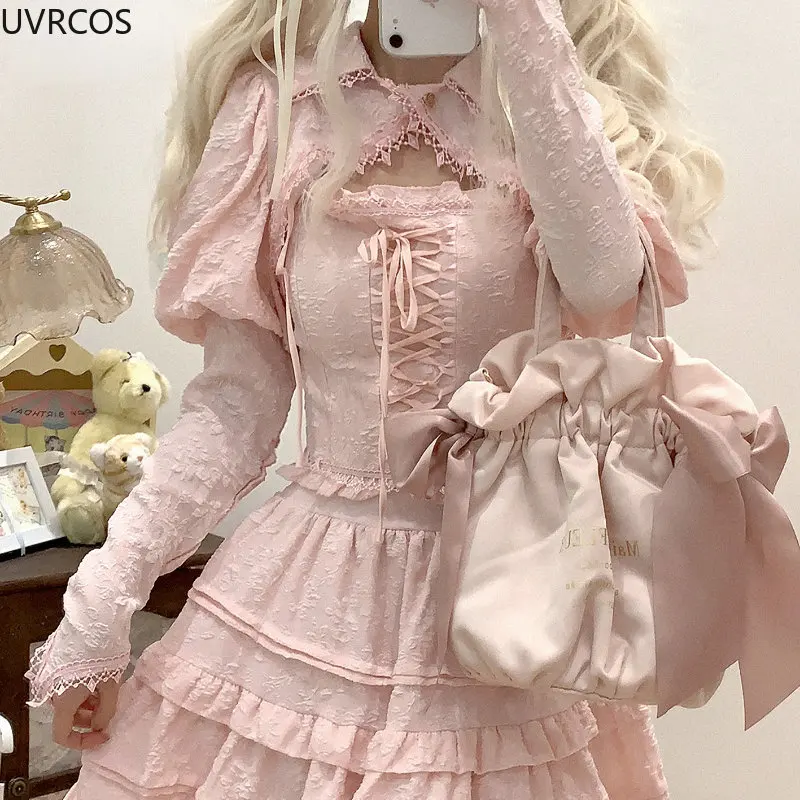 Autumn Kawaii Lolita Style Pink Skirt Sets Women Sweet Lace Bandage Tank Top Cute Mini Cake Skirt Chic Jacquard Relief Rose Suit