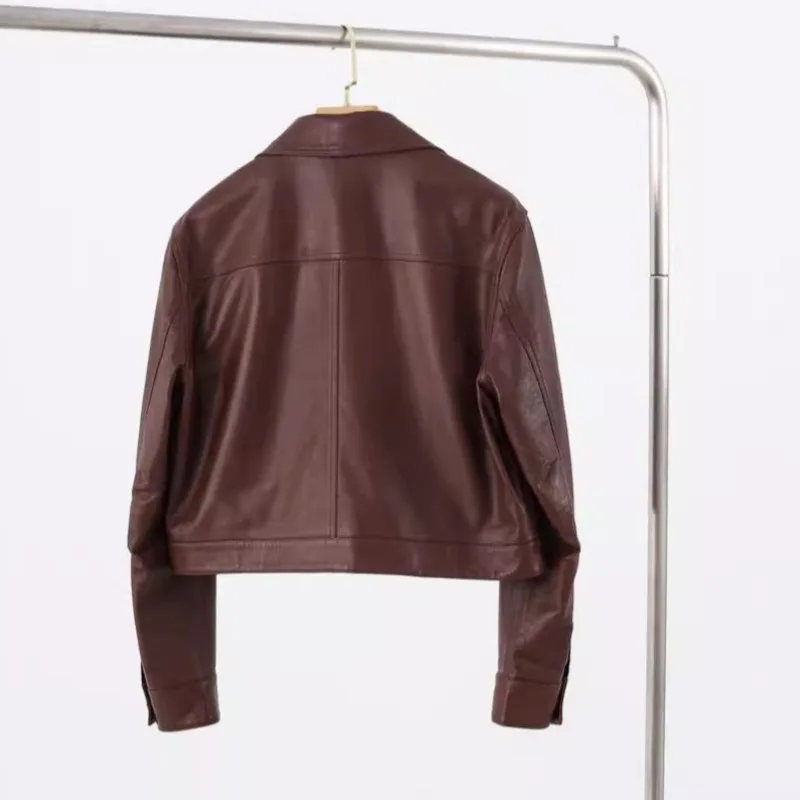 Elegant Collar Jacket Genuine Leather Jacket Motorcycle Short Jacket