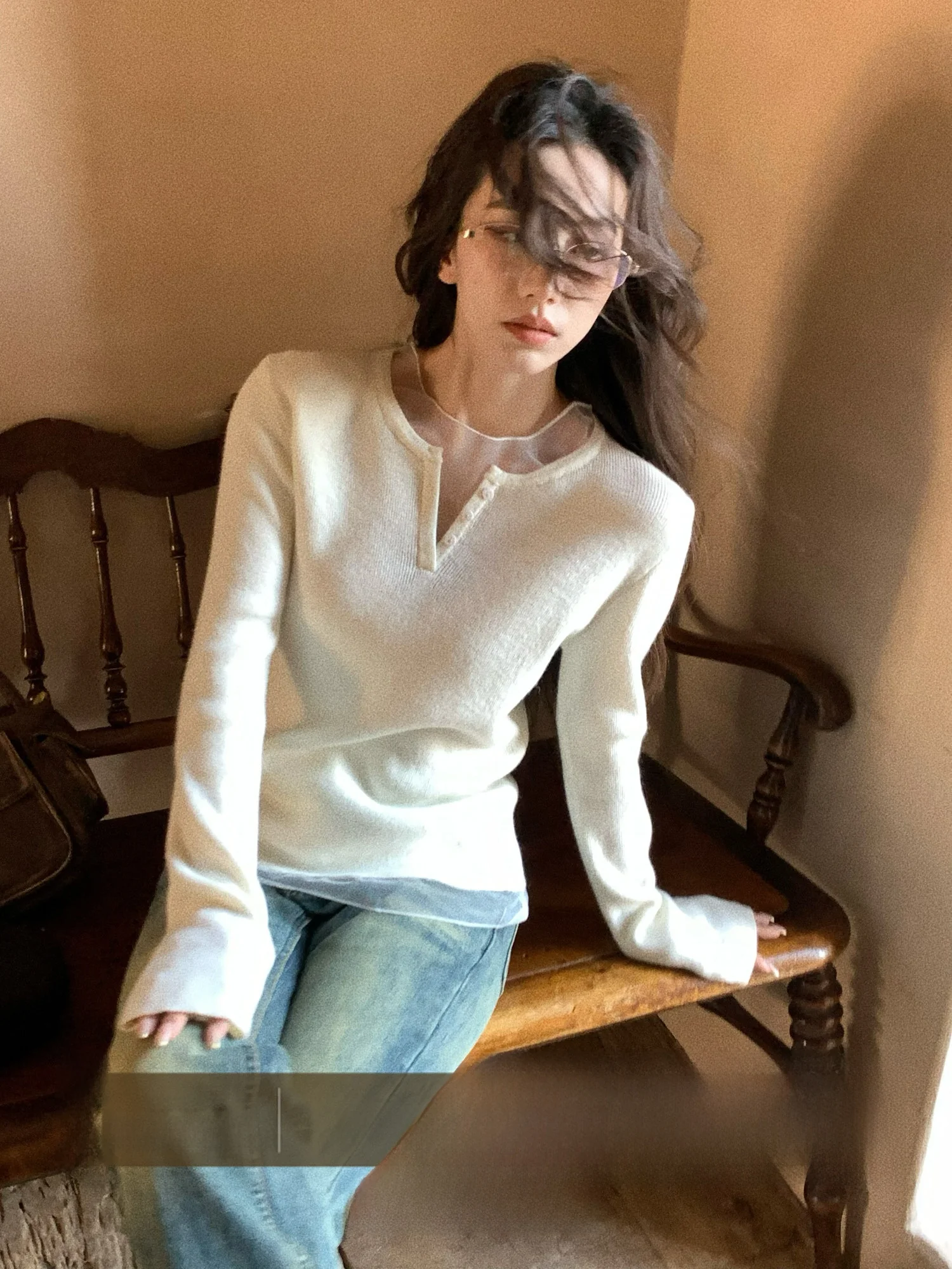 

Soft Knitted Long Sleeve Henry Collar Mesh Patchwork Base Shirt Women's Color Inner Wear T-shirt Commute Style Korean V...
