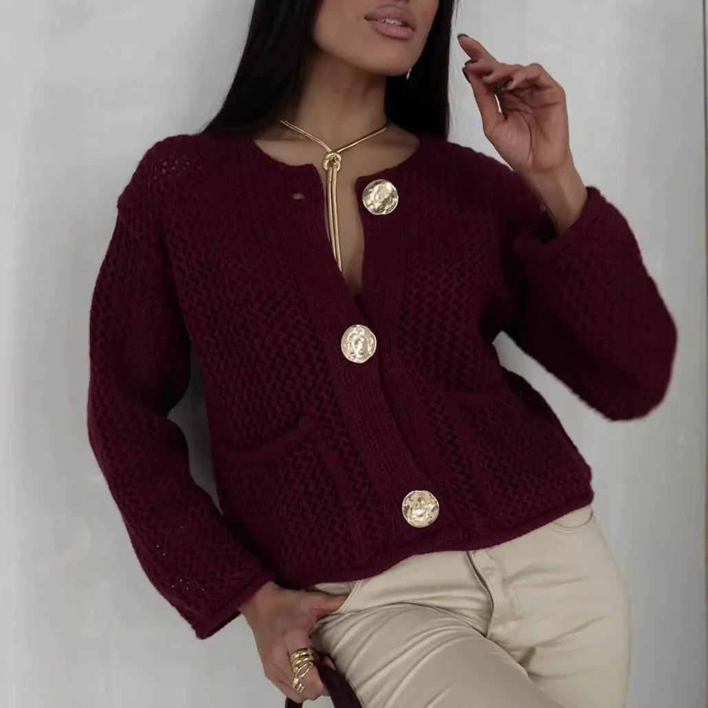 Printemps automne transfrontalier bouton unique aiguille épaisse haut du corps vêtements d'extérieur femmes à manches longues évider manteau en tricot