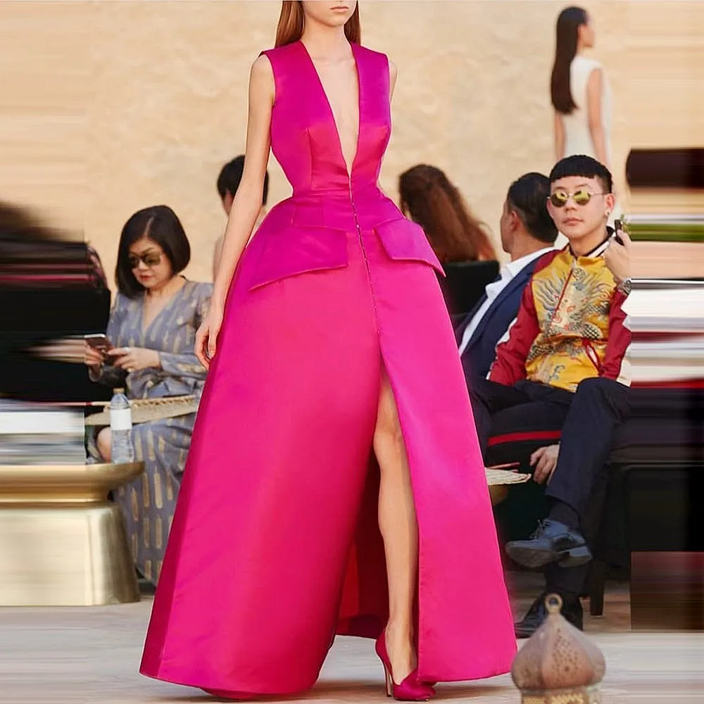 

Fuchsia Satin Prom Dresses Sleeveless Deep V Neck Front Slit Sexy Girls Special Occasion Evening Party Dress