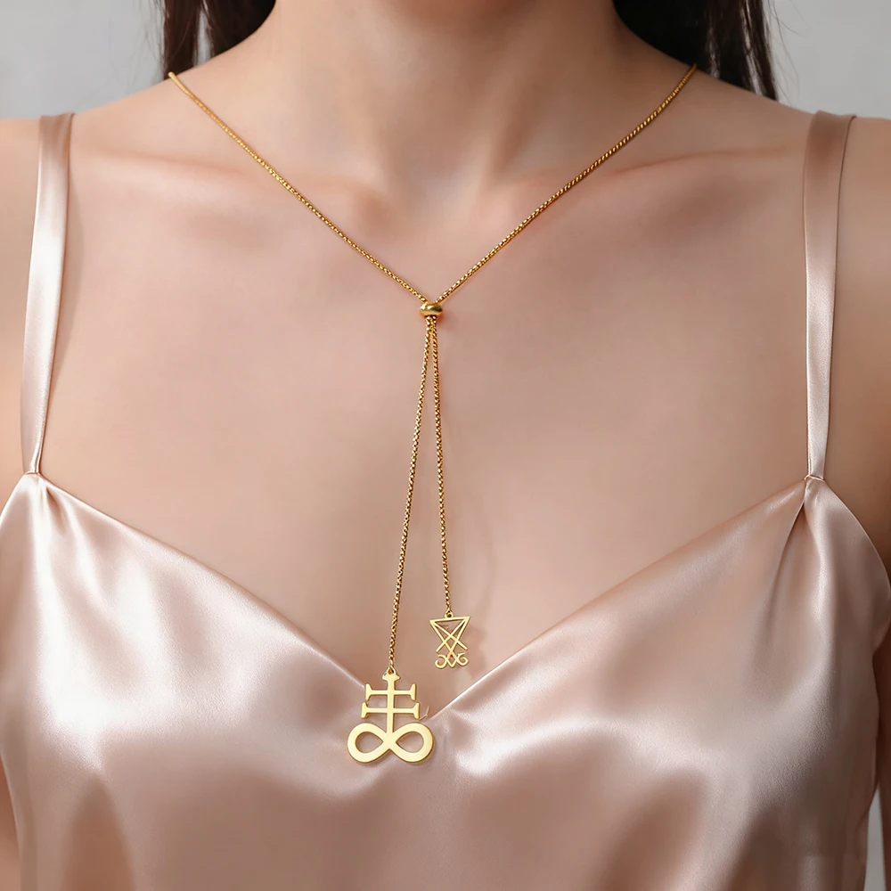 Dawapara Luzifer Siegel und Leviathan-Kreuz, lange Halskette, Gothic-Pullover-Kette, religiöser Schmuck, Edelstahl-Halsketten – Detail 4