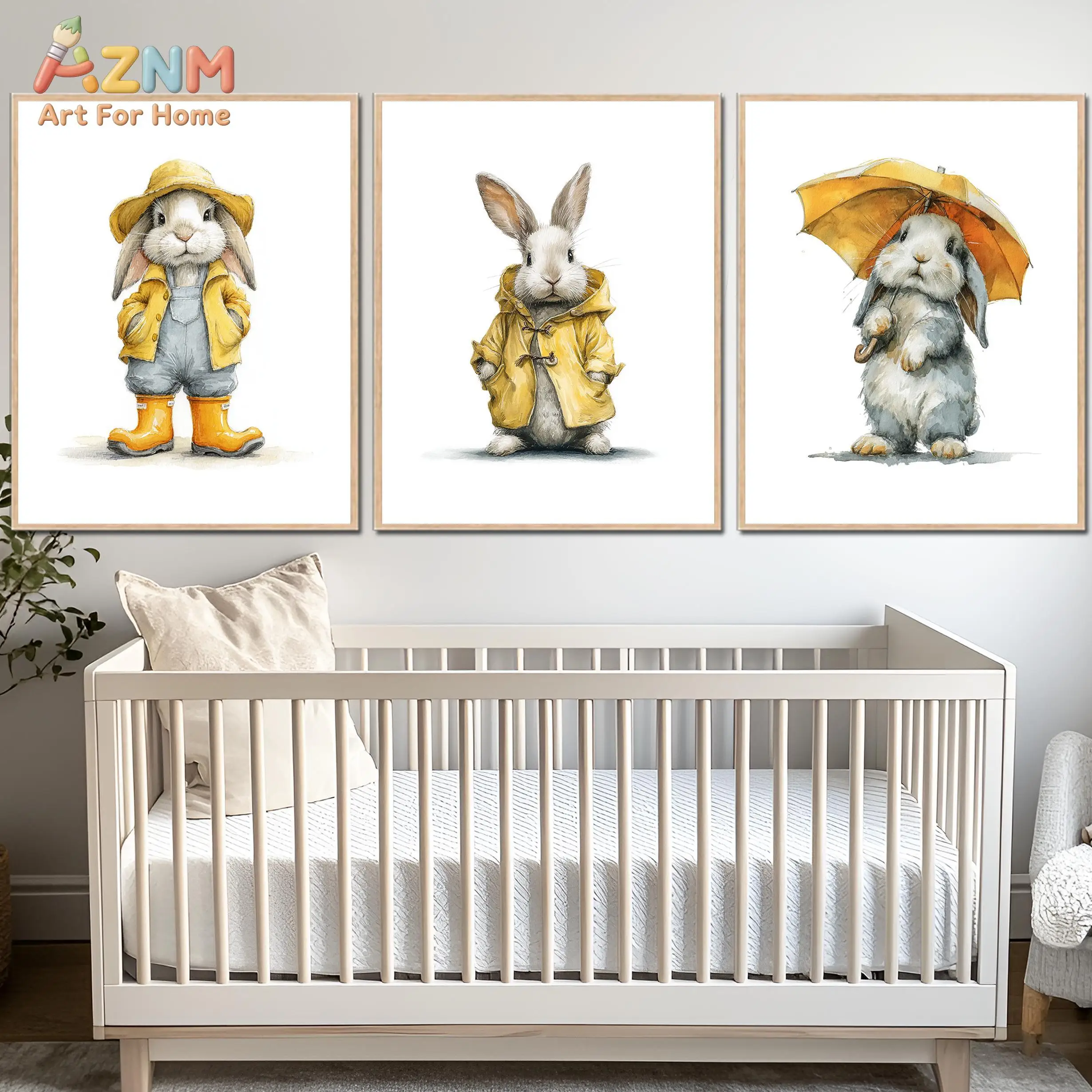3PCS Watercolor Bunny in Yellow Raincoat Canvas Wall Art, Cute Rabbit with Umbrella Print Posters, Neutral Nursery No Frame Home