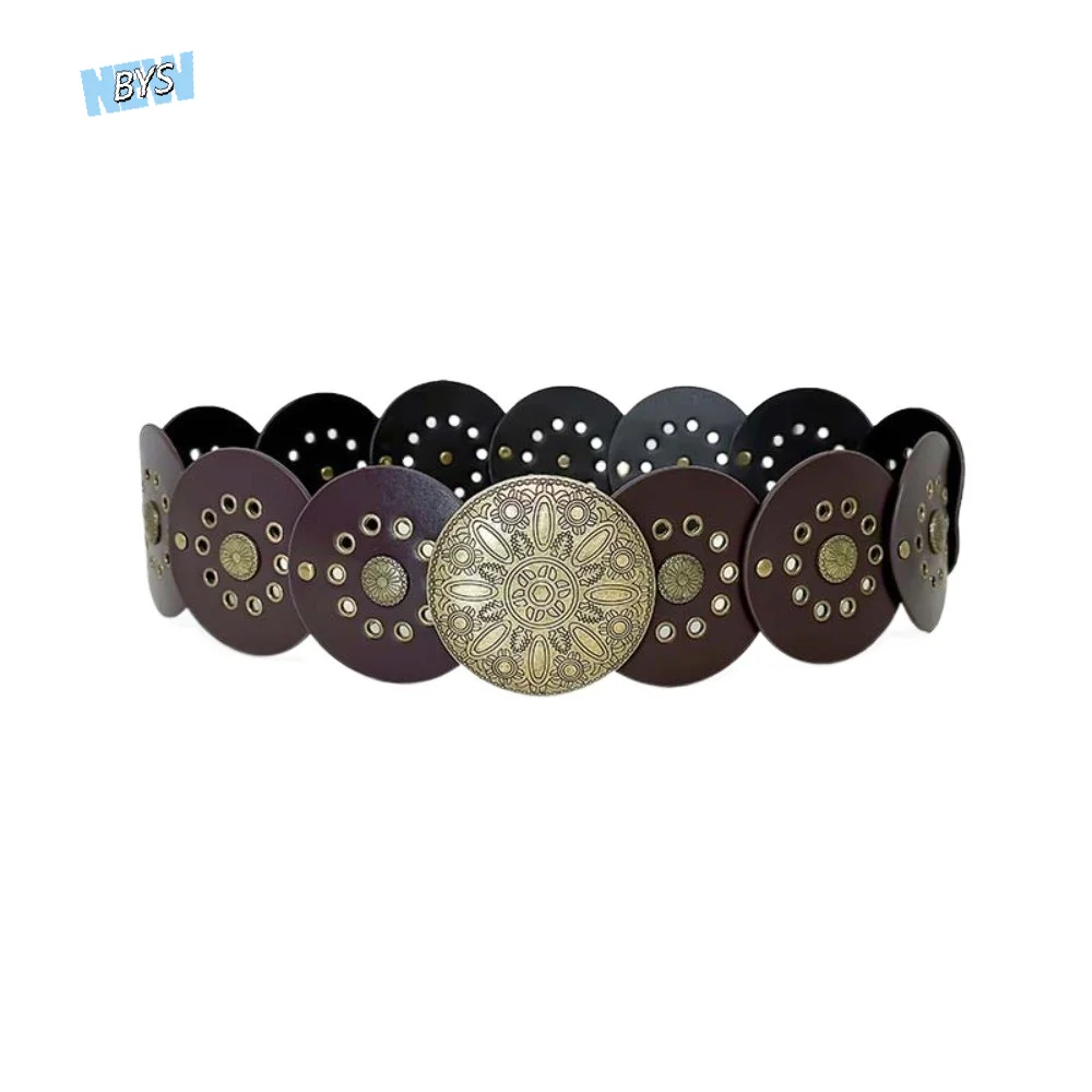 

Vintage Alloy Ethnic Style Rivet Belt Y2K Jeans Decor Concho Wide Belt Punk Exaggerated Disc PU Hollow Waistband Party