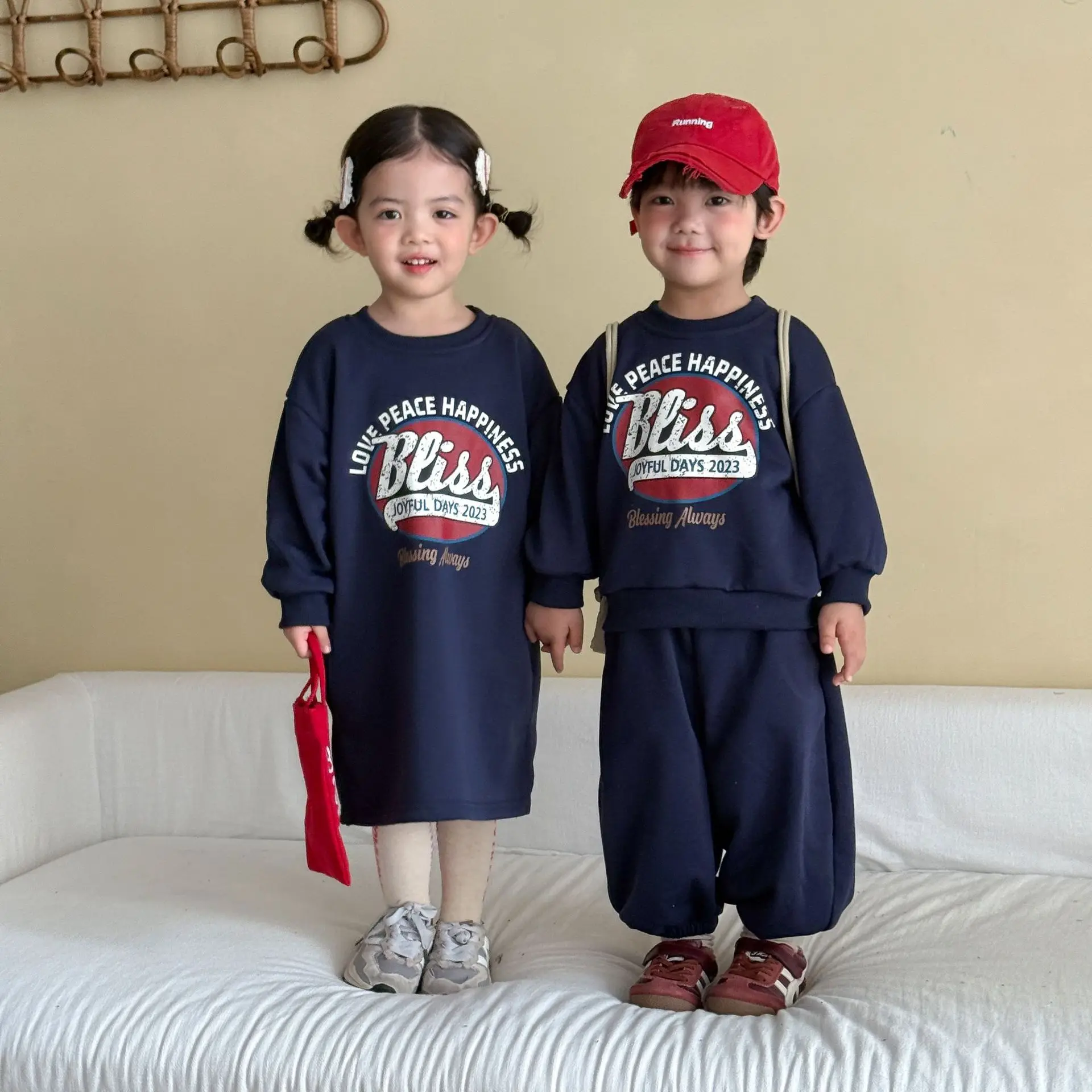 2026 Autumn New Children Long Sleeve Clothes Set Boys Letter Print Sportswear Suit Cotton Kids Girls Casual Sweatshirt Dress
