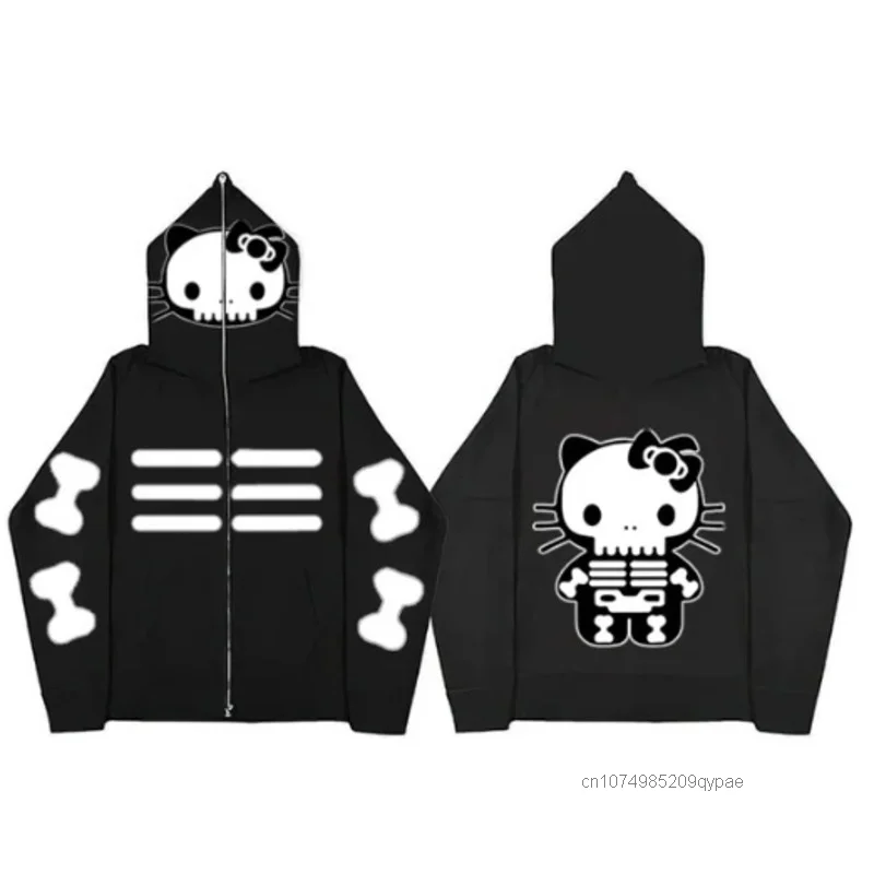 Sanrio Hello Kitty Cat Anime Female Clothes Skull Halloween Cartoon New Zipper Hoodie Japanese Style Y2k Girl Printing Pullovers