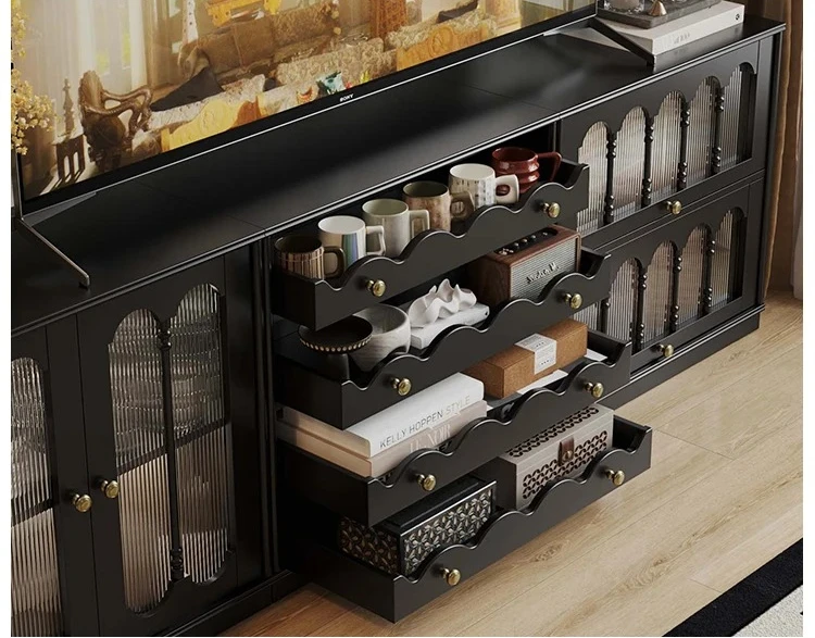 

French retro style living room solid wood floor TV cabinet module combination display cabinet American storage locker integrated