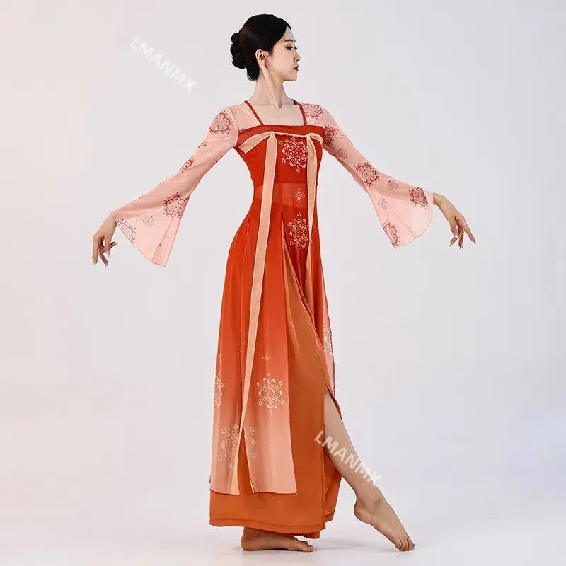 Classical Dance Costume for Women Han and Tang Dynasty Chinese Style Stage Outfit Showcasing an Elegant and Long Mesh Dress