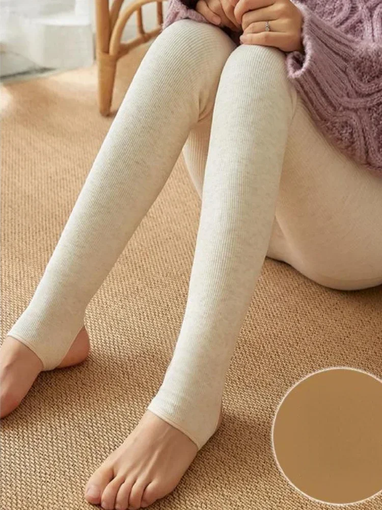 Leggings invernali caldi a vita alta per donna Pantaloni casual in tinta unita ad alta elasticità con strisce verticali in cotone spesso