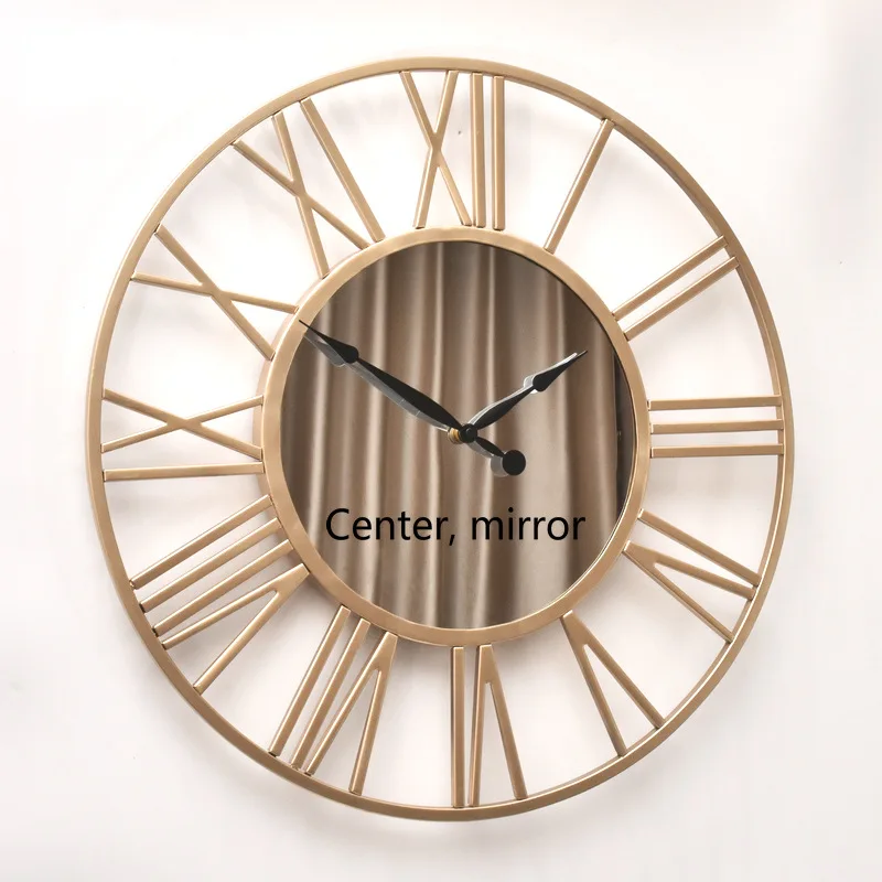 Creative art: wrought iron wall clock, living room wall decoration, quartz clock, mirror, vintage clock, Roman large wall watch