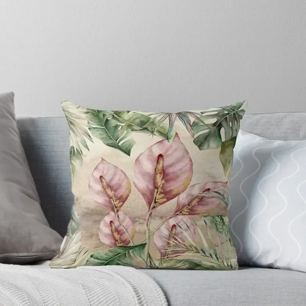 Tropical Flamingo Flower Print Pattern with Philodendron and majesty palm leaves Throw Pillow Ornamental Pillow pillow