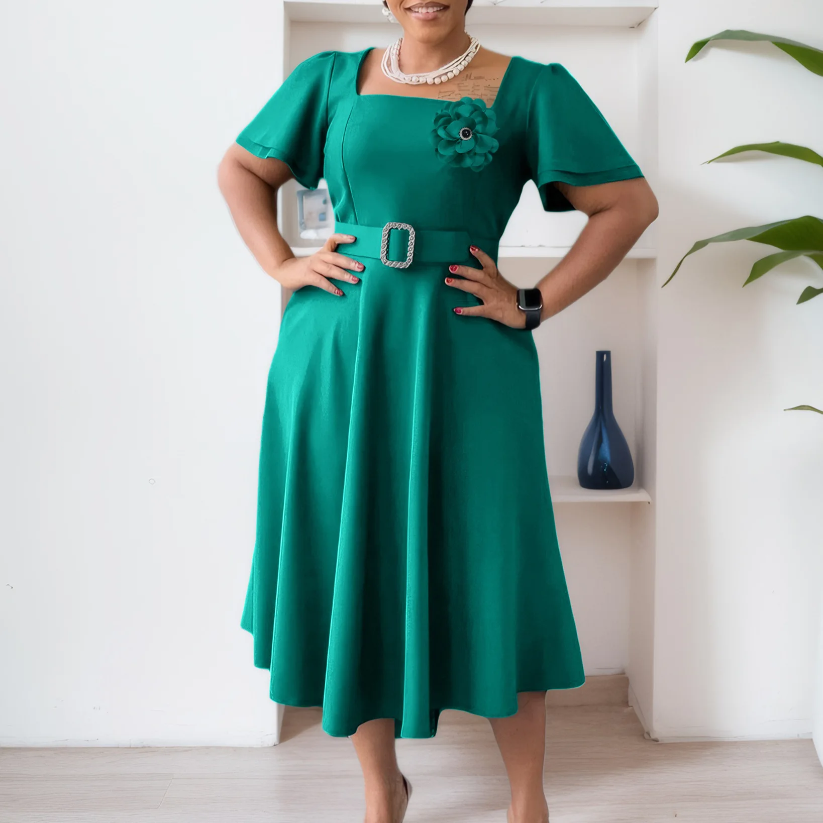 

D568 Women's 2025 Summer Women's New Fashion Square Neck Solid Color High Waist Big Swing Dress Dress Robe Vestido Women Party