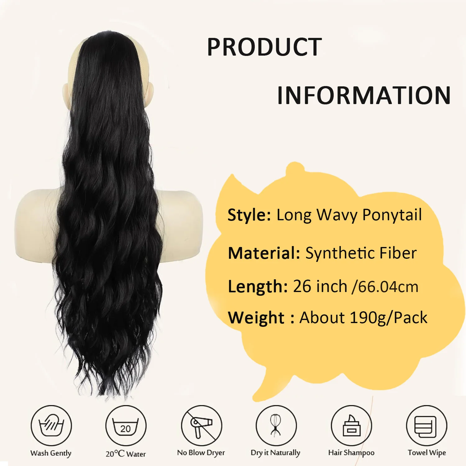 Extensión de cola de caballo con cordón, extensión de cola de caballo negra ondulada de cuerpo largo para mujer, Clip de extensión de cola de caballo de pelo sintético