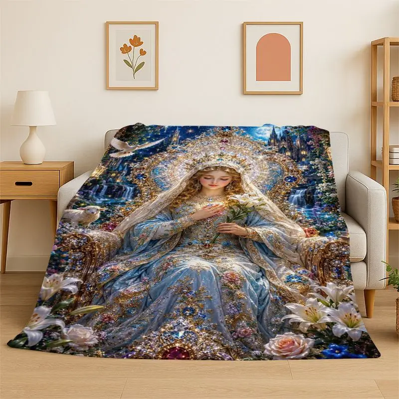 Virgin Mary Christian Faith Flannel Blanket Soft Throw Blanket for Bedroom Living Room Bed Travel Camping Picnic Nap Cover Gift
