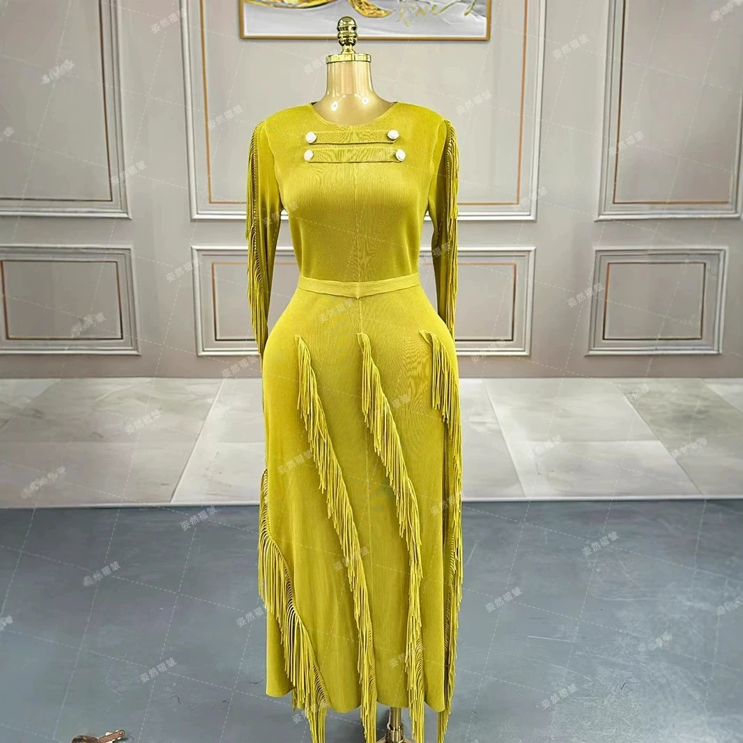 High-end 2025 pleated dress African plus-size long skirt light luxury wrinkled tassel clothing-GZXX1003