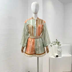 Orange Green Patchwork Striped Long Sleeve Blouse and Shorts Set