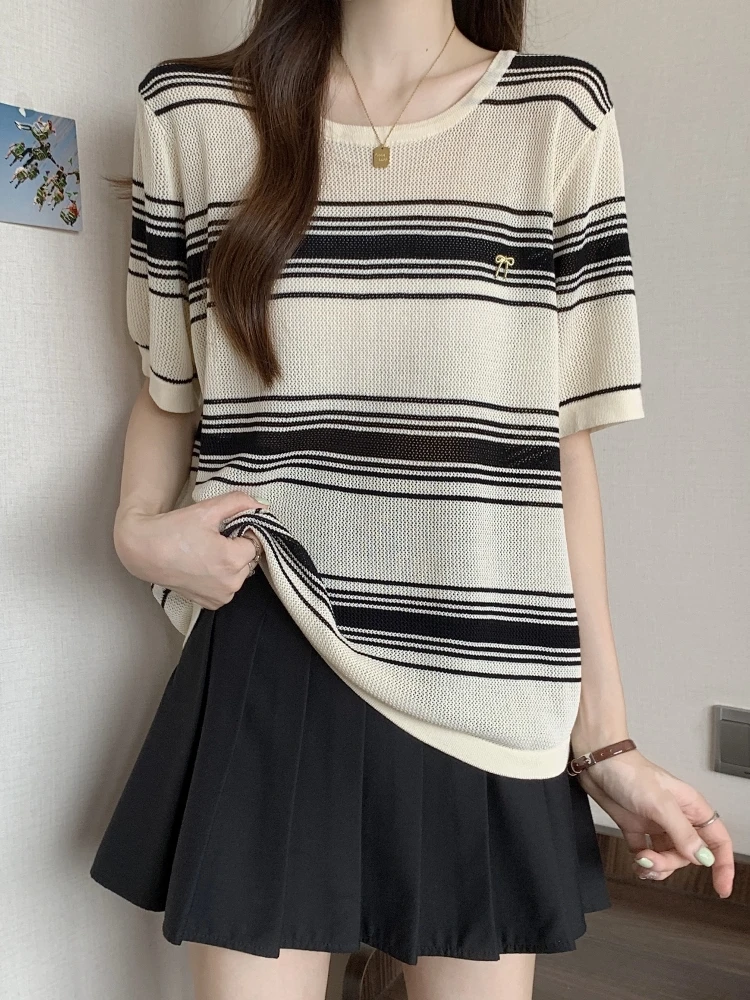 Loose Short Sleeve Ice Silk Knitted T-Shirt Women Summer Large Size Stripe Base Shirt plus Size MM Slimming Back Hollow out Top