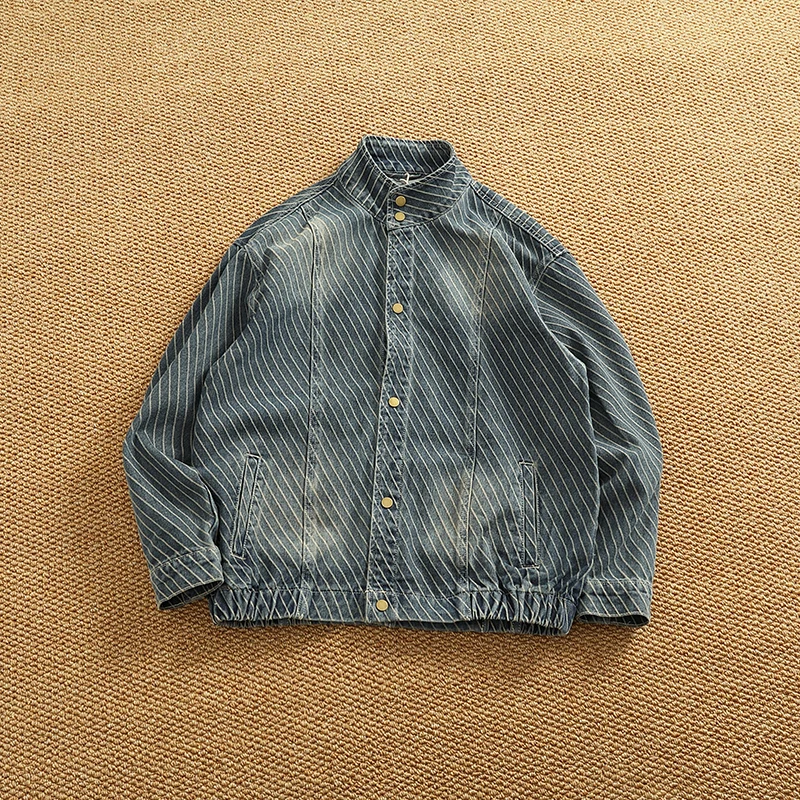 

Autumn Men's Denim Jacket - American Vintage Style Premium Oversized Workwear Coat with Stripe Detailing & Button-Up Collar