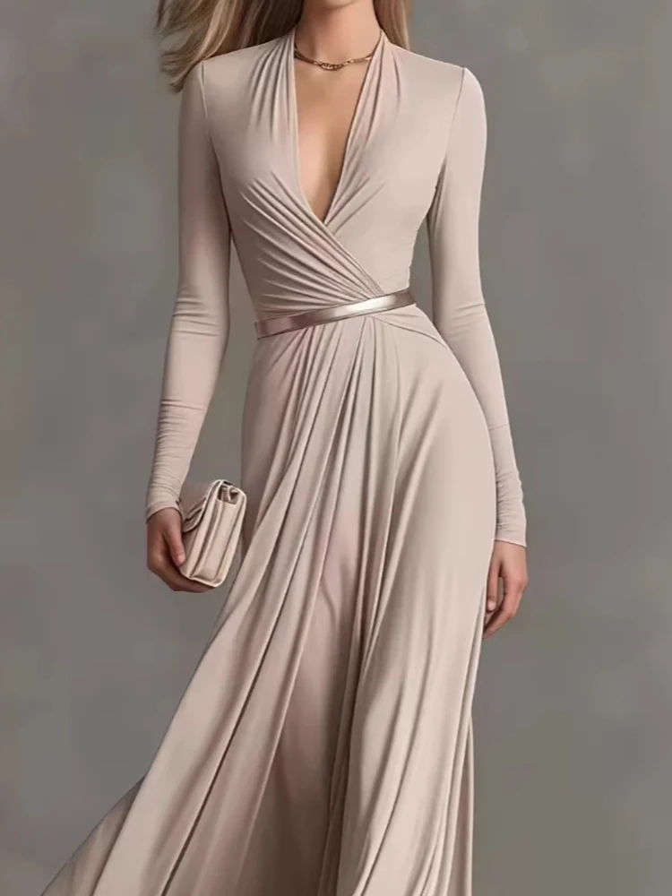 Elegant Holiday Women's Deep V Neck Maxi Dress Long Sleeve Patchwork Spring Summer Fashion Streetwear Party Ladies Dress Vestido