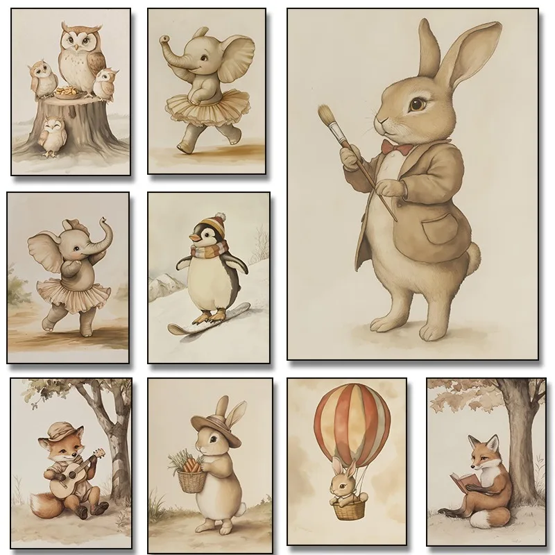 1pc frameless Canvas Painting 1pc frameless Canvas Painting  1pc framless Canvas Painting Retro Hot Air Balloon Bunny Elephant D
