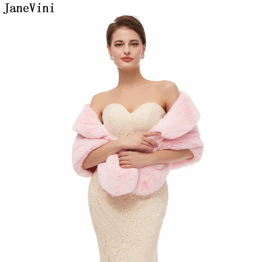 JaneVini 2022 Women Winter Wedding Capes Bolero Bordeaux Femme Pink Faux Fur Bridal Wraps Shawl Wedding Shrugs Shoulder Cover