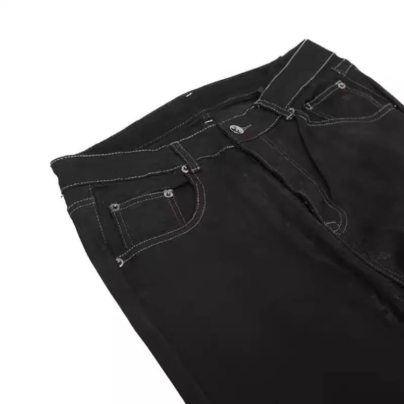 High Street Dark Classic Waxed Coating Jeans Men Women  Best Quality Casual Fashion Pants Male Trousers