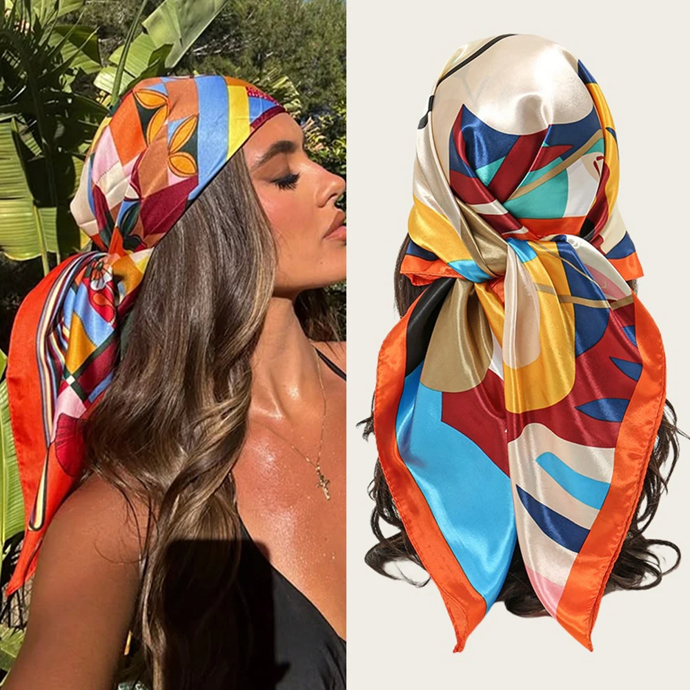 

Роскошные женские шарфы с цветочным принтом, мягкие атласные хиджабы, летний платок, дизайнерская бандана, шейный платок, аксессуары для волос 90x90 см