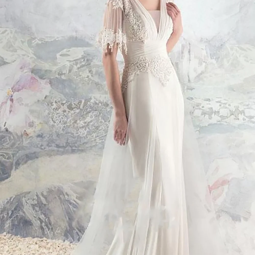 

Elegant V-Neck Appliquins Short Sleeve Lace A-Line Bride Wedding Dresses Bridal Gowns Customized