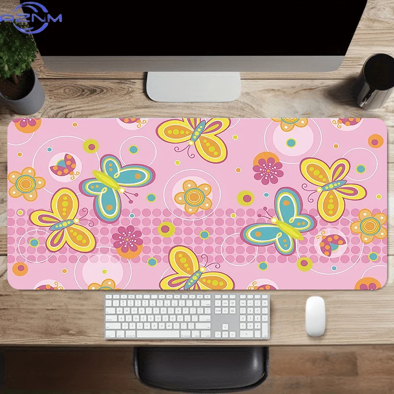 1pc Pink Mouse Pad & Keyboard Mat Compatible for OS// - Extended Desk Mat with Non-Slip Base, Smooth Surface, Cute Butterfly Des