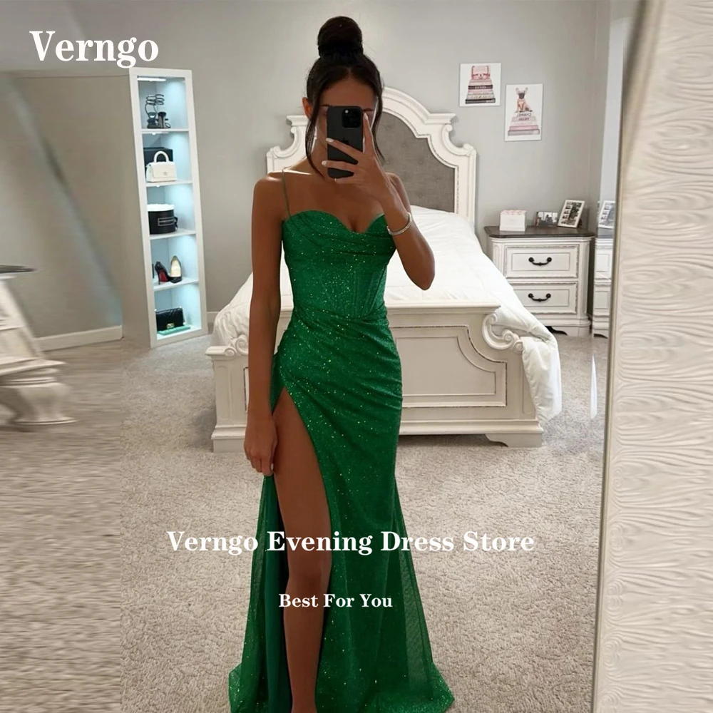 

Verngo Sparkly Emerald Green Mermaid Prom Dresses Spaghetti Straps Side Split Femme Party Evening Gowns Night Formal Dress