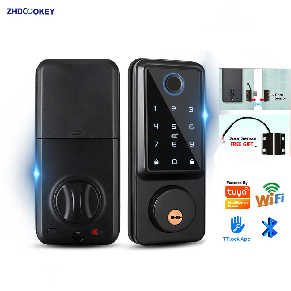 قفل ديدبولت الذكي مع مفتاح بطاقة IC بكلمة مرور بصمة الإصبع، قفل باب دخول بدون مفتاح مع قفل TTlock أو Tuya Wifi، 100 رمز مستخدم
