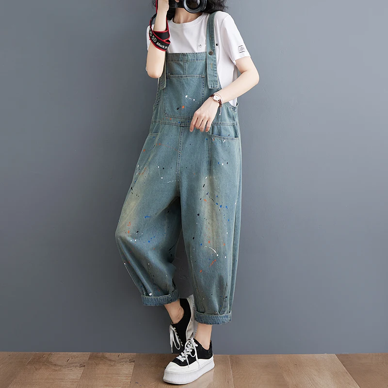 Loose Wide Leg Jeans Jumpsuit Women Streetwear Printed Paint Spots Denim Overalls Casual Big Pockets Rompers Strap Baggy Pants