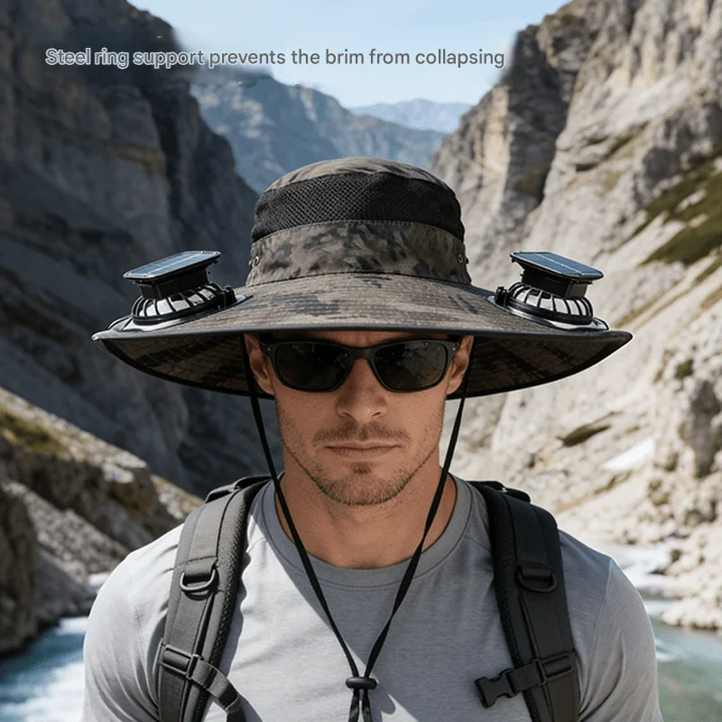 1 Solar Dual Fan Sun Hat With Neck Flap - Reinforced Wide Brim, Breathable & Cool Cap, Ideal For Men Fishing, Hiking And Camping